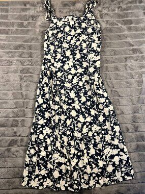 Free Assembly Midi Slip Dress Women's Medium Navy Floral Tie Shoulder Square Nec